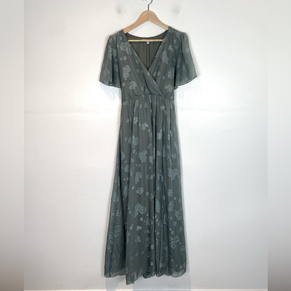 Baltic Born Floral Maxi Dress Chiffon Size Large V-Neck Coastal Sage Green - Picture 5 of 13